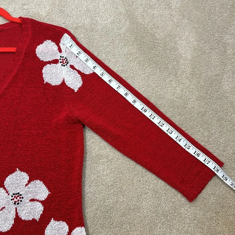 Portraits Northern Isles Red White Flower Knit Cardigan 3/4 Sleeve Women Medium